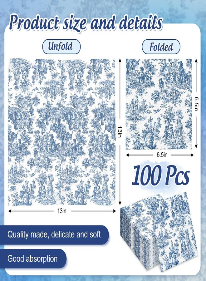FYSUIMU 100Pcs Blue White Paper Napkins Classic French Village Printed Disposable Napkin Rustic Dinner Hand Napkin for Farmhouse Holiday Party Supplies - Image 2
